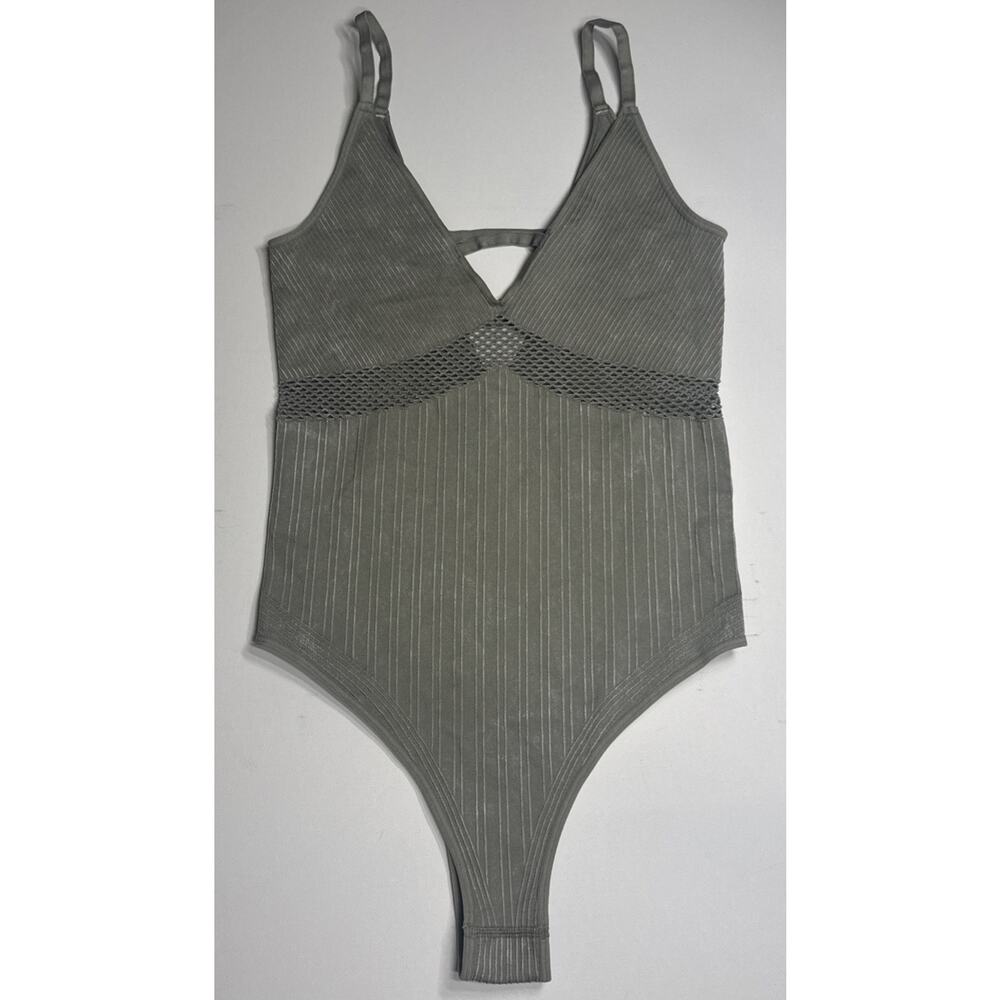 Ribbed One Piece Bodysuit Olive Green V Neck Mesh Waist Stretch